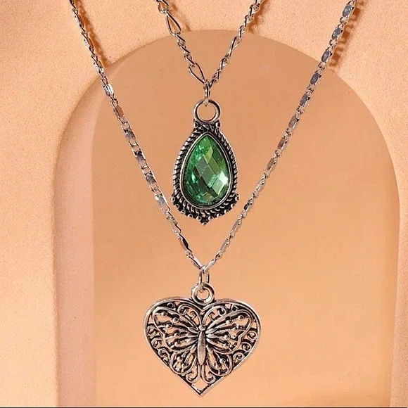 NEW STERLING SILVER HEART PERIDOT CHARM LAYER NECKLACE - Picture 2 of 3
